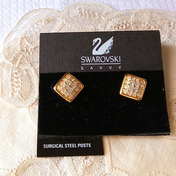 Swarovski Earrings, Posts with Handset Crystals in Golden squares NWOT - Picture 1 of 4